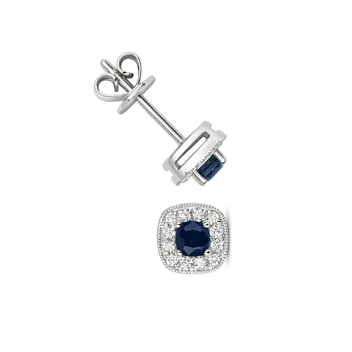 Sapphire Diamond Cushion Stud Earrings 9ct  White Gold 375 Hallmark British Made