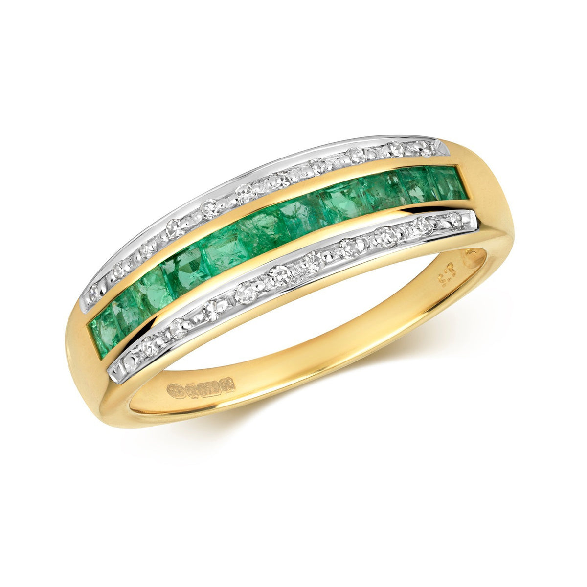 Emerald Diamond Band Ring 9ct 2 Tone Gold 375 Hallmark Sizes J - Q British Made