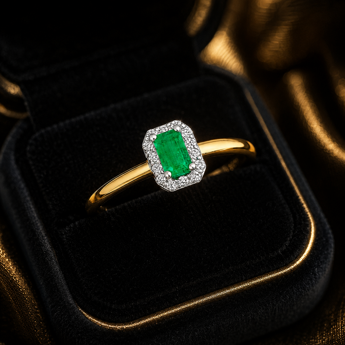 Octagon Emerald Diamond Halo Ring 9ct Gold 375 Hallmarked J - Q British Made