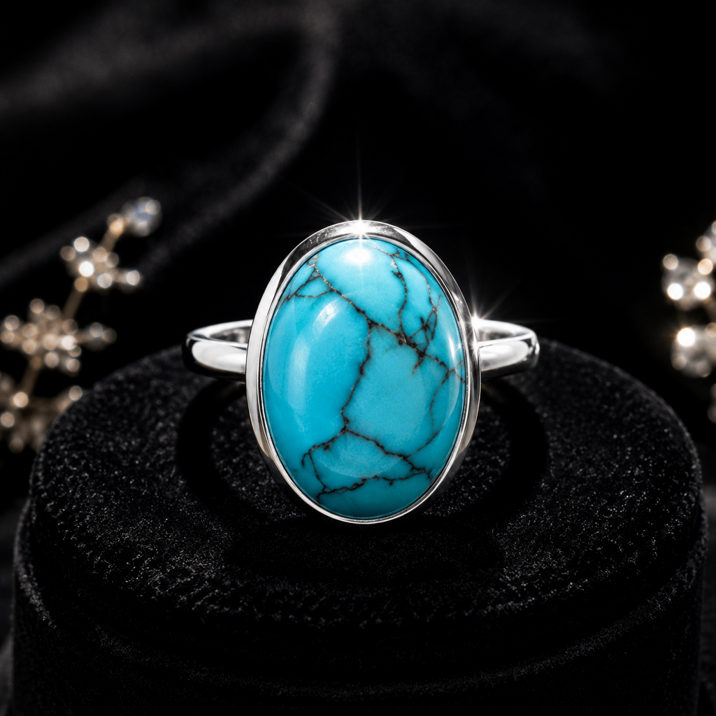 Flush Oval Turquoise Ring Sterling Silver 925 Hallmarked British Made Size K - T