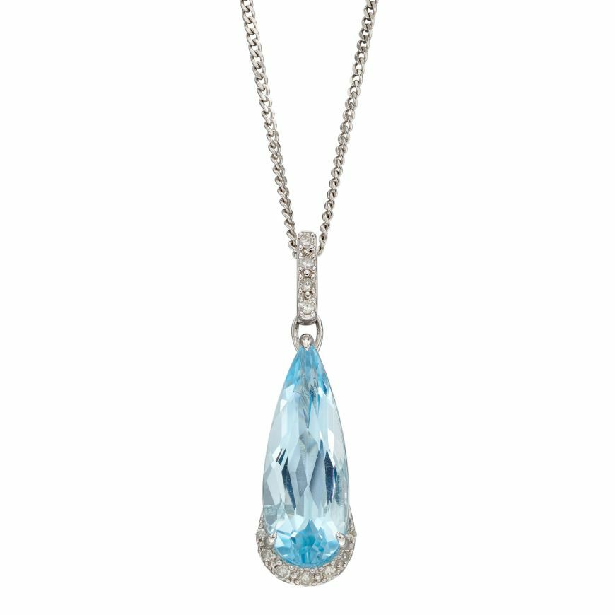 Blue Topaz and Diamond Pendant 9ct White Gold 375 Hallmarked British Made