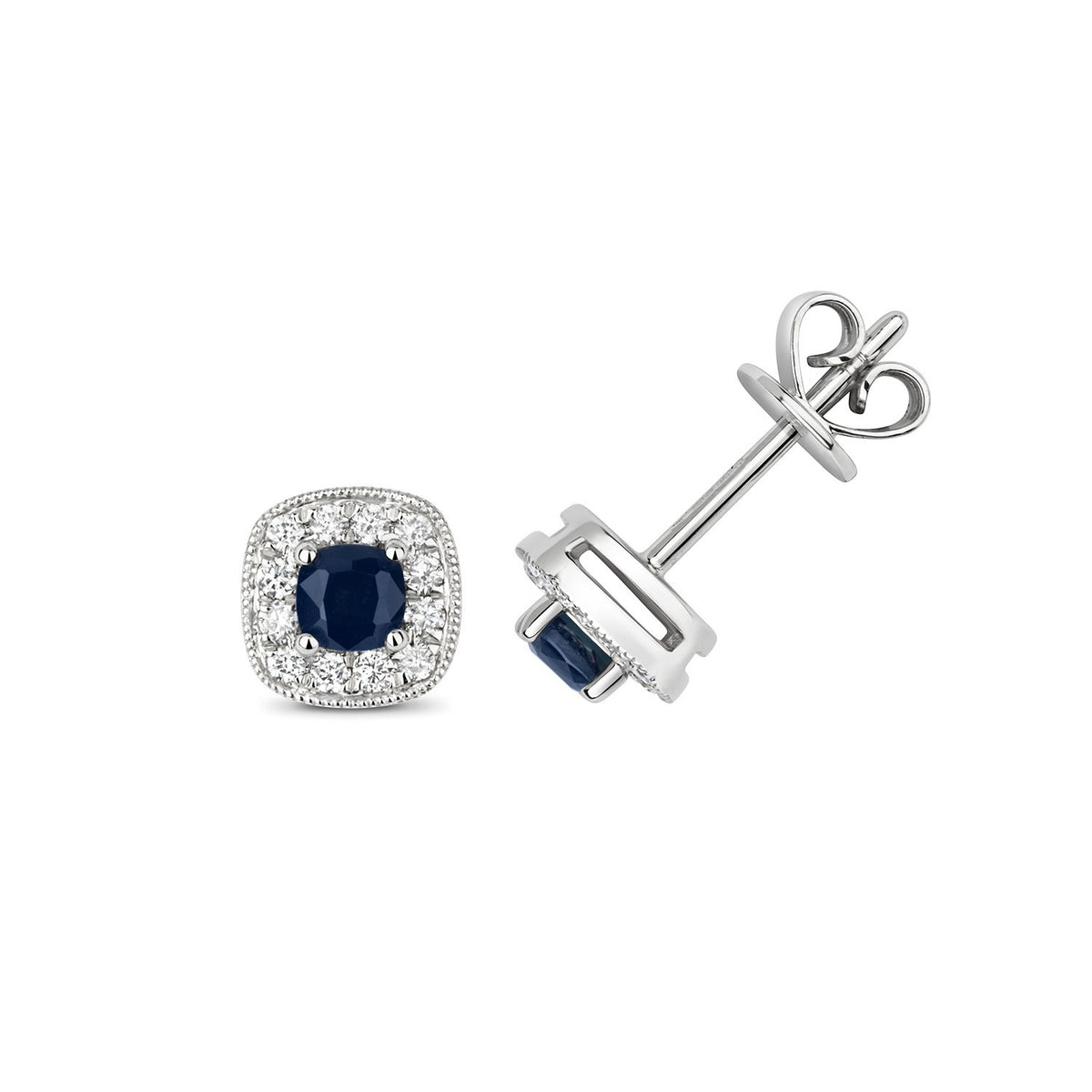 Sapphire Diamond Cushion Stud Earrings 9ct  White Gold 375 Hallmark British Made