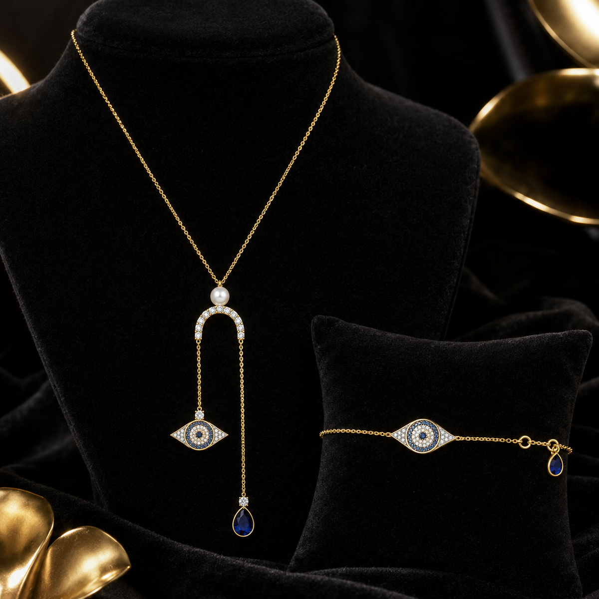 Pearl Evil Eye Necklace and Bracelet Set 9ct Yellow Gold 375 Hallmarked