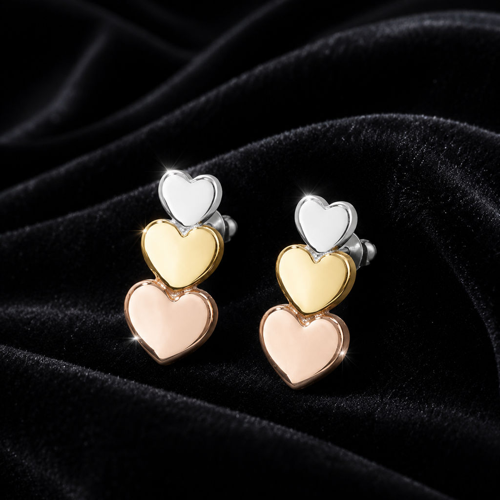 Rose Gold Earrings Heart 3 Tone Sterling Silver 925 Hallmark Brand New Boxed