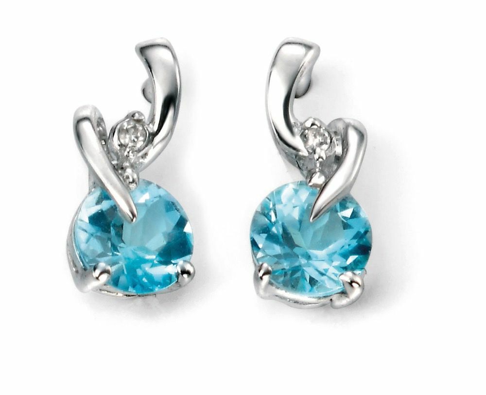Blue Topaz and Diamond Stud Swirl Earrings 9k White Gold Hallmarked British Made