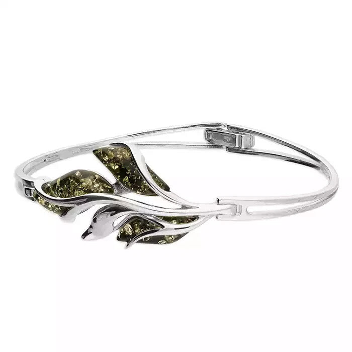 Fancy Leaf Amber Bangle Sterling Silver 925 Hallmarked British Made Brand New