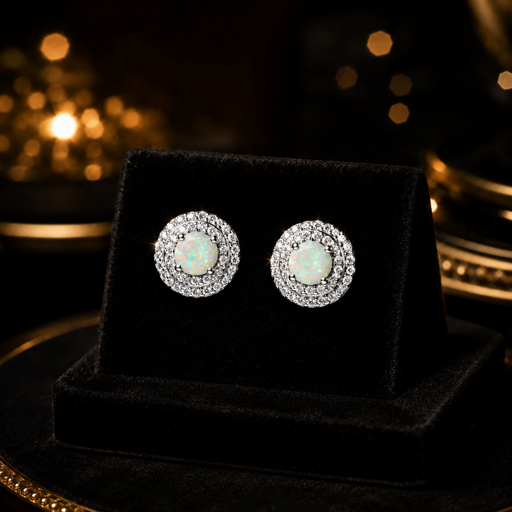 Natural White Opal Halo Stud Earrings Sterling Silver 925 Hallmarked Brand New