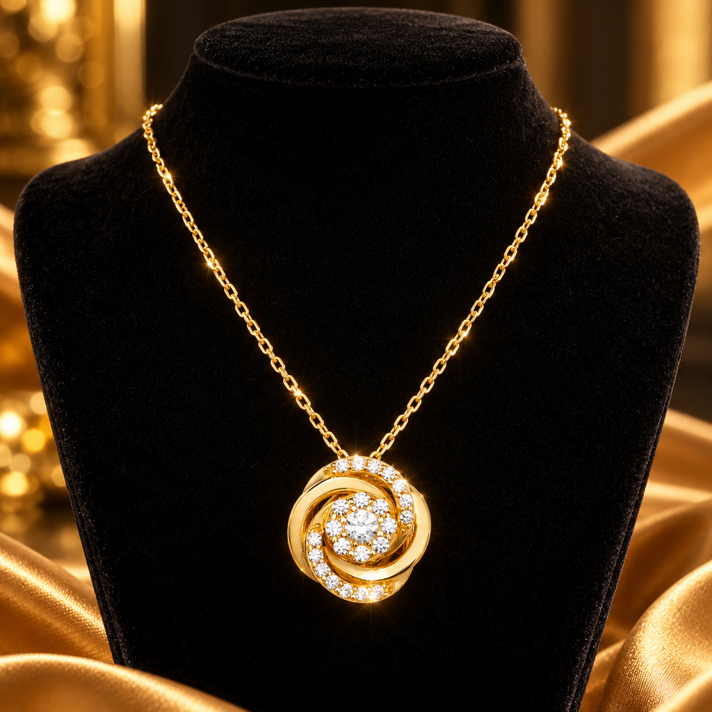 Ladies Halo Love Knot Necklace 9ct Yellow Gold 375 Hallmarked British Made