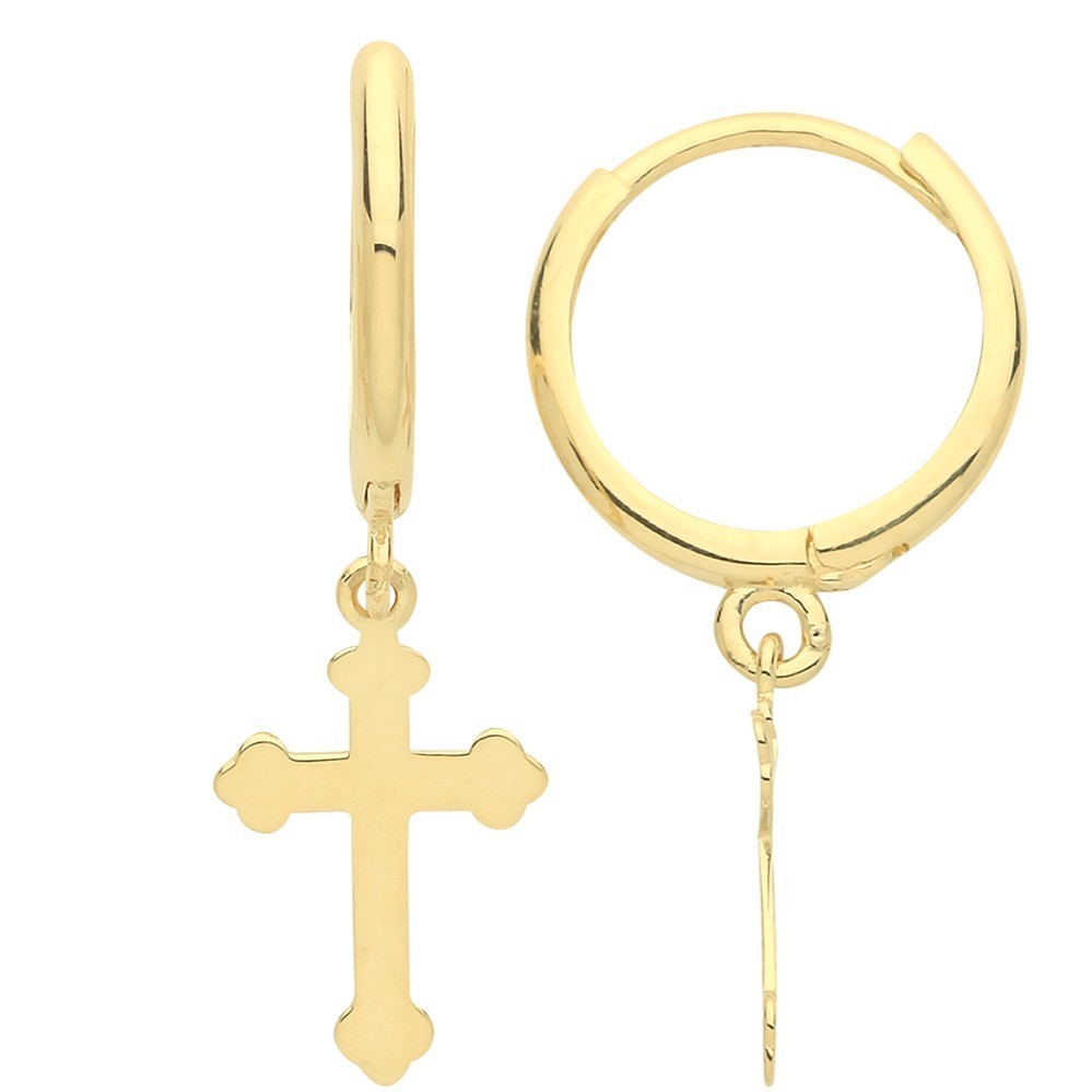8mm Cross Drop Hoops Earrings 9ct Yellow Gold 375 Hallmarked Brand New