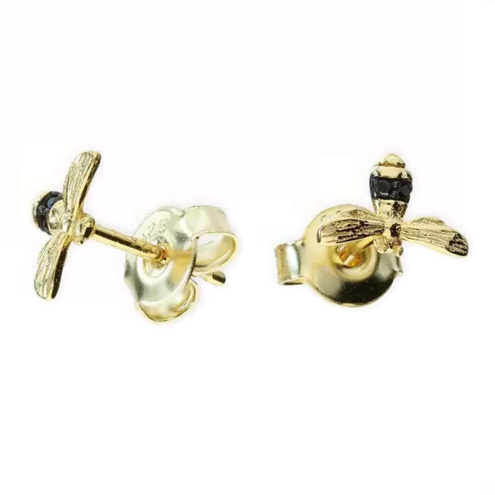 Onyx Bumble Bee Stud Earrings 18ct Yellow Gold Plated Hallmarked British Made