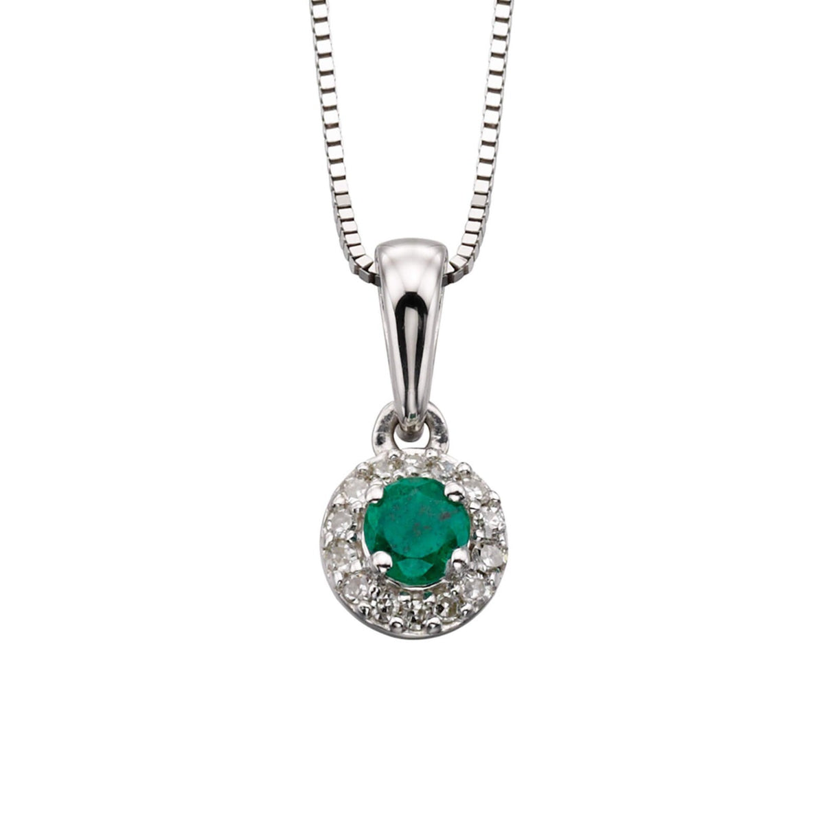 Halo Emerald & Diamond Pendant 9ct White Gold 375 Hallmarked British Made
