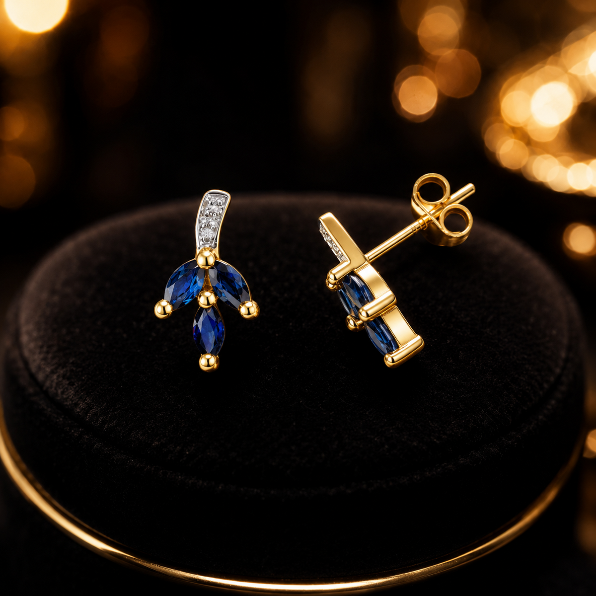 Sapphire Floral Diamond Stud Earrings 9ct Yellow Gold 375 Hallmark British Made