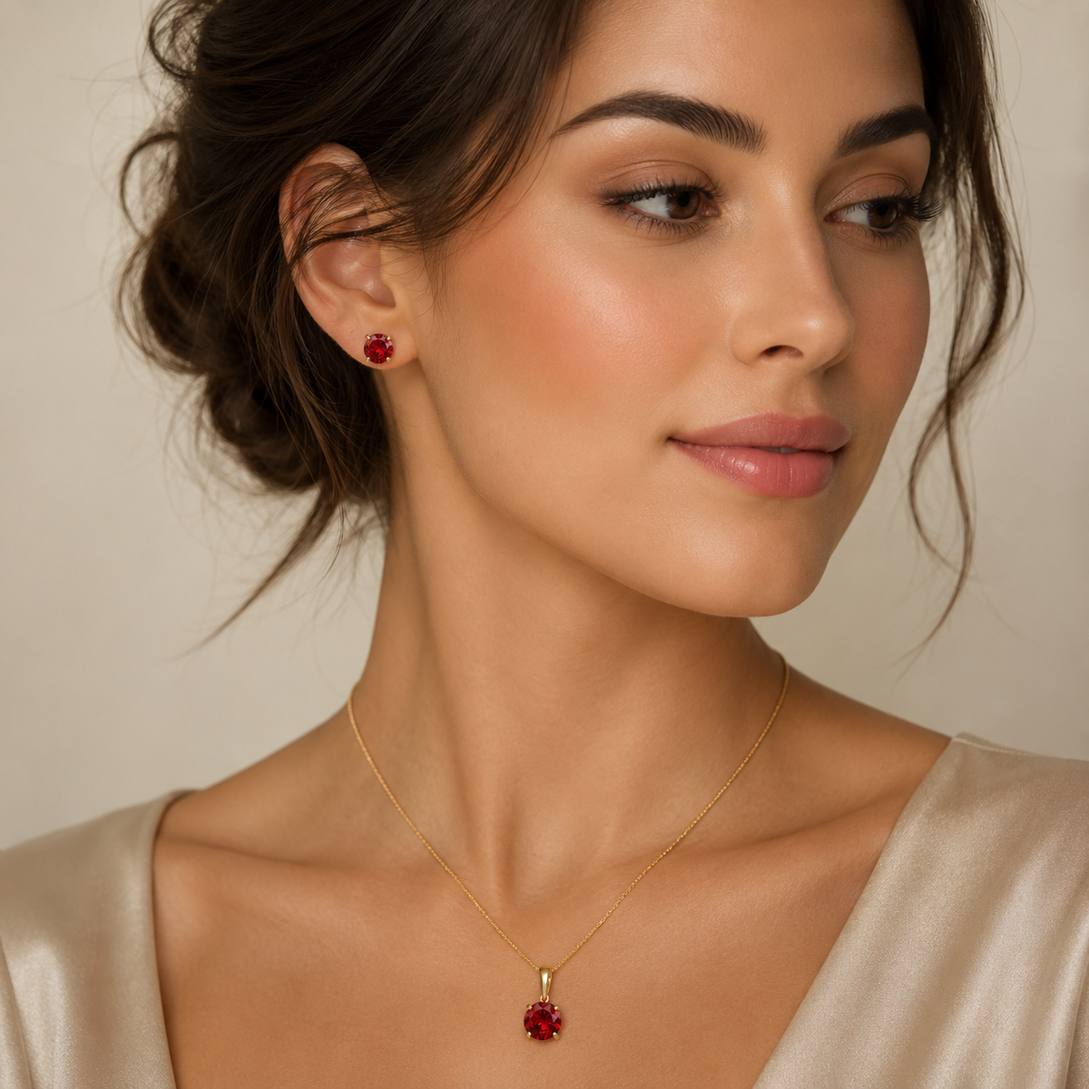 Ruby Pendant and Earrings Set Solid Yellow Gold Solitaire 18" Chain Hallmarked
