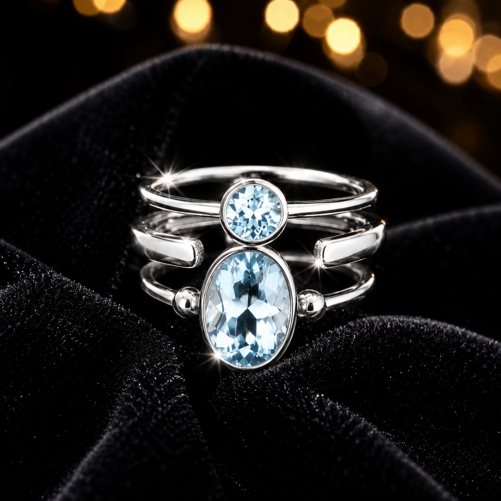 Blue Topaz Triple Band Ring Sterling Silver 925 Hallmark British Made Size L - S