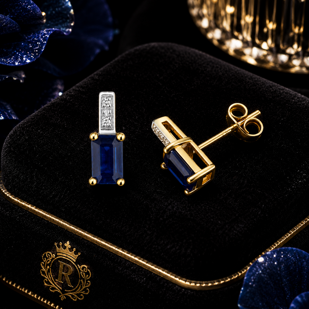 Natural Sapphire Baguette Diamond Stud Earrings 9ct Yellow Gold 375 Hallmarked