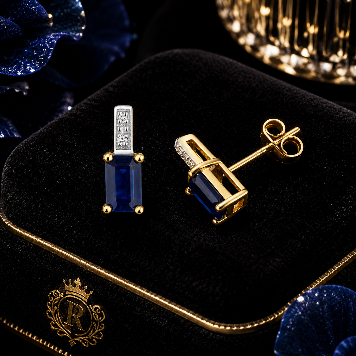 Natural Sapphire Baguette Diamond Stud Earrings 9ct Yellow Gold 375 Hallmarked