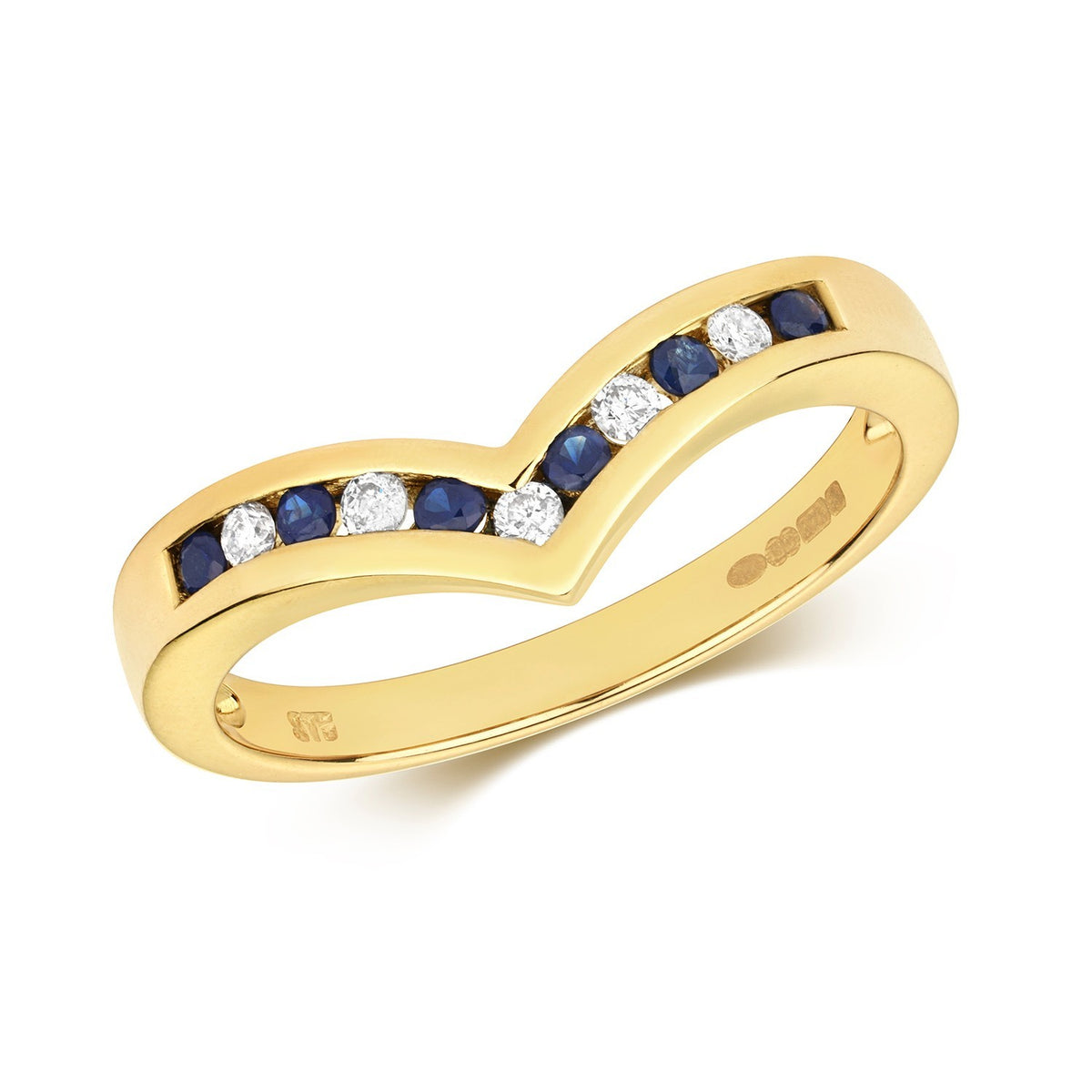 Sapphire Diamond Wishbone Ring 9ct Yellow Gold 375 Hallmarked Sizes J - Q