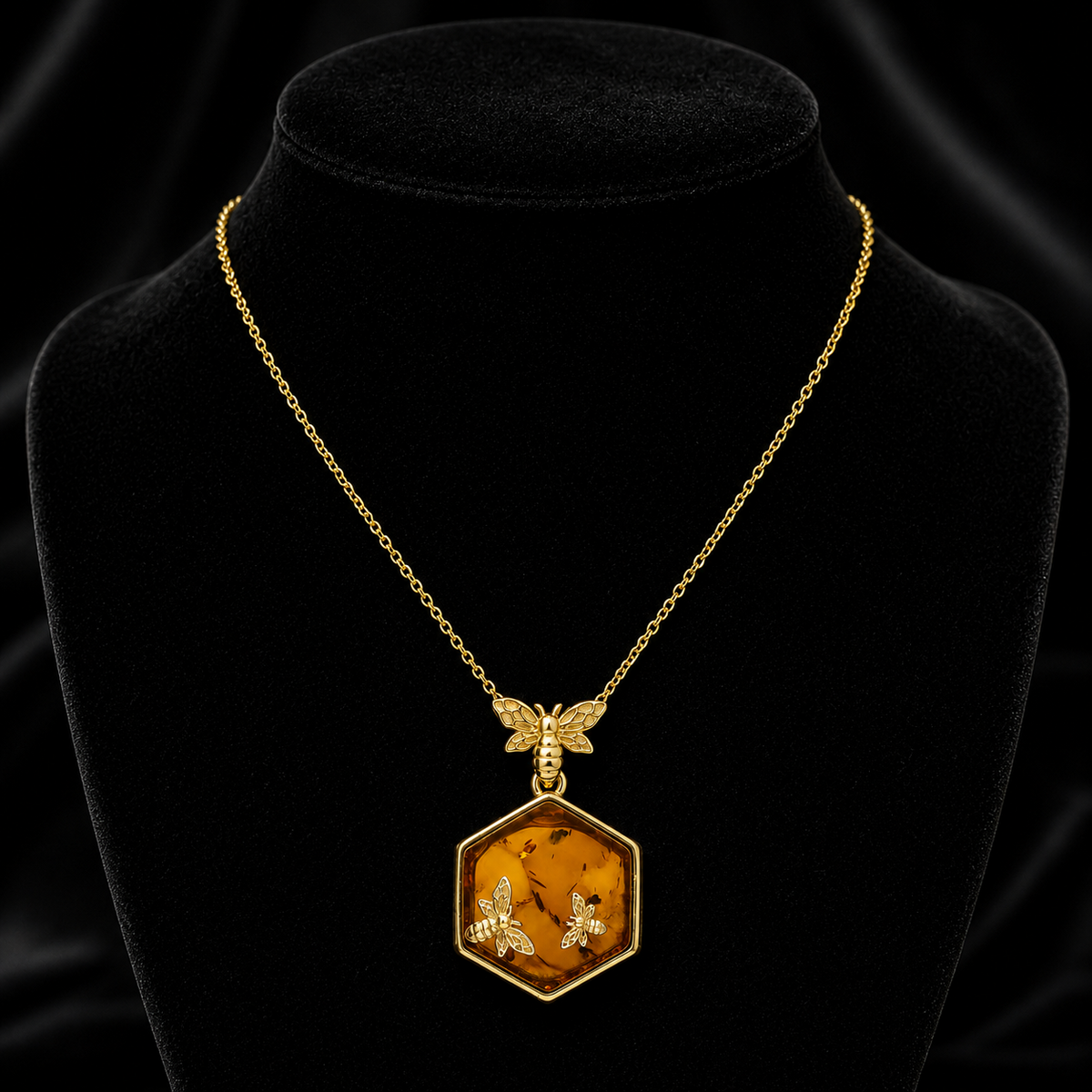 Bumble Bee Natural Amber Pendant Yellow Gold Plated Hallmarked All Chain Lengths