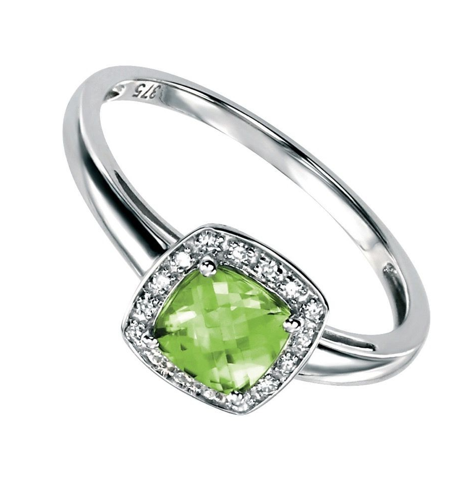 Cushion Cut Natural Peridot Ring with Diamond Surround in 9ct Yellow Gold
