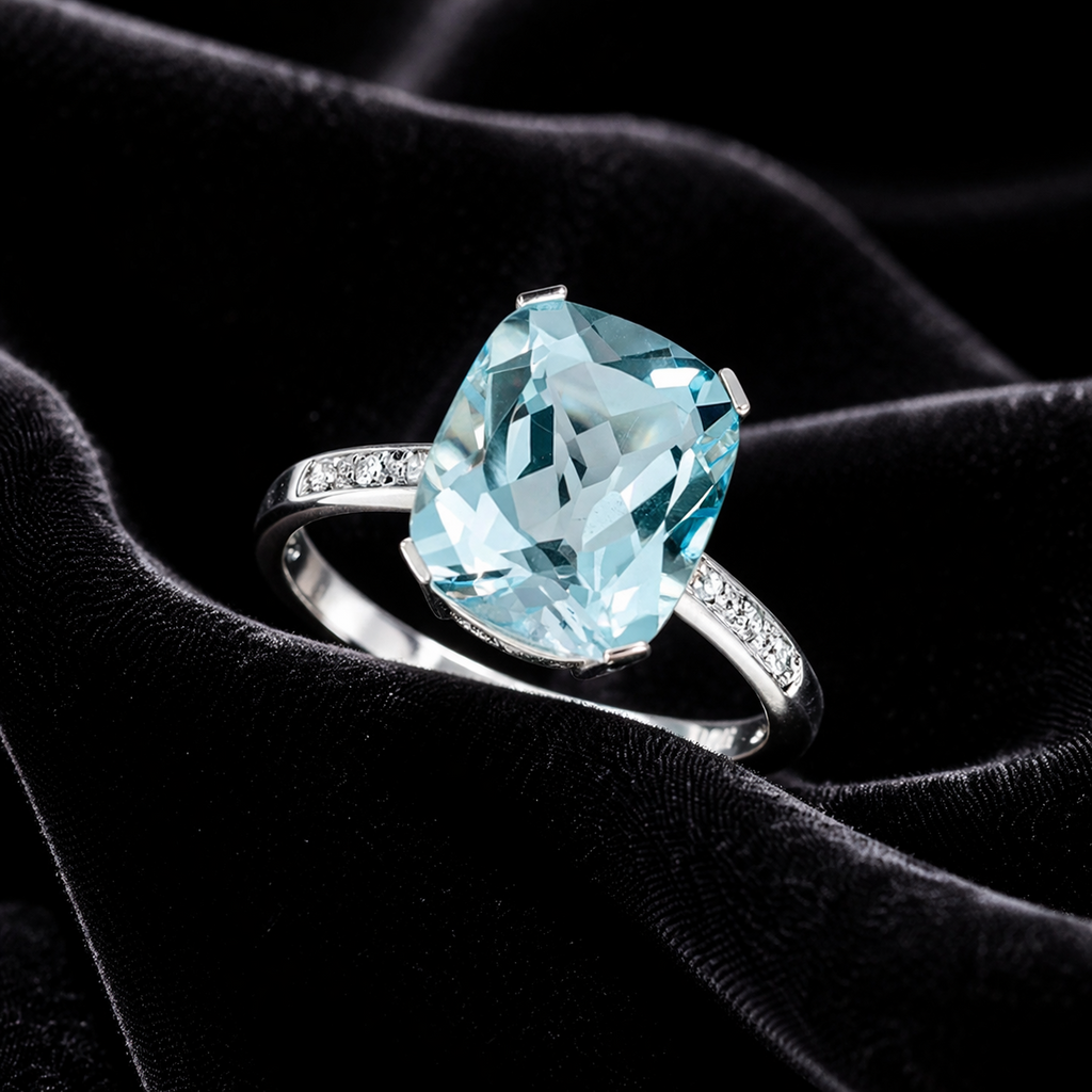 Natural Blue Topaz & Diamond Statement Ring 9ct White Gold Sizes L - Q