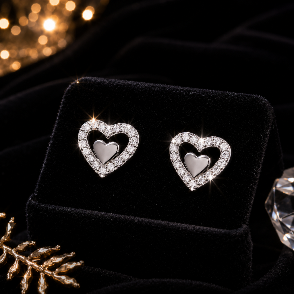 Channel Set Heart Stud Earrings Sterling Silver 925 Hallmarked Brand New Boxed