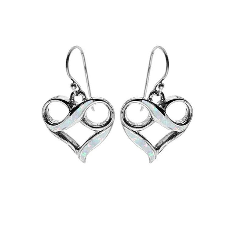 White Opal Infinity Heart Earrings Sterling Silver 925 Hallmarked British Made