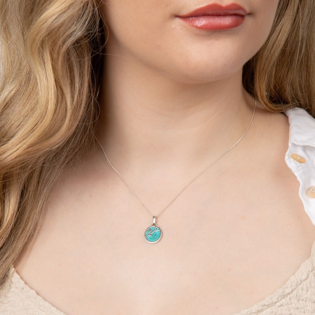 Turquoise Flower Pattern Pendant Sterling Silver 925 Hallmark All Chain Lengths