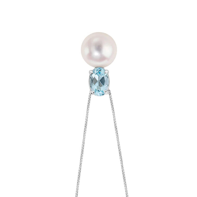Round Pearl & Topaz Pendant 9ct White Gold 375 Hallmarked British Made