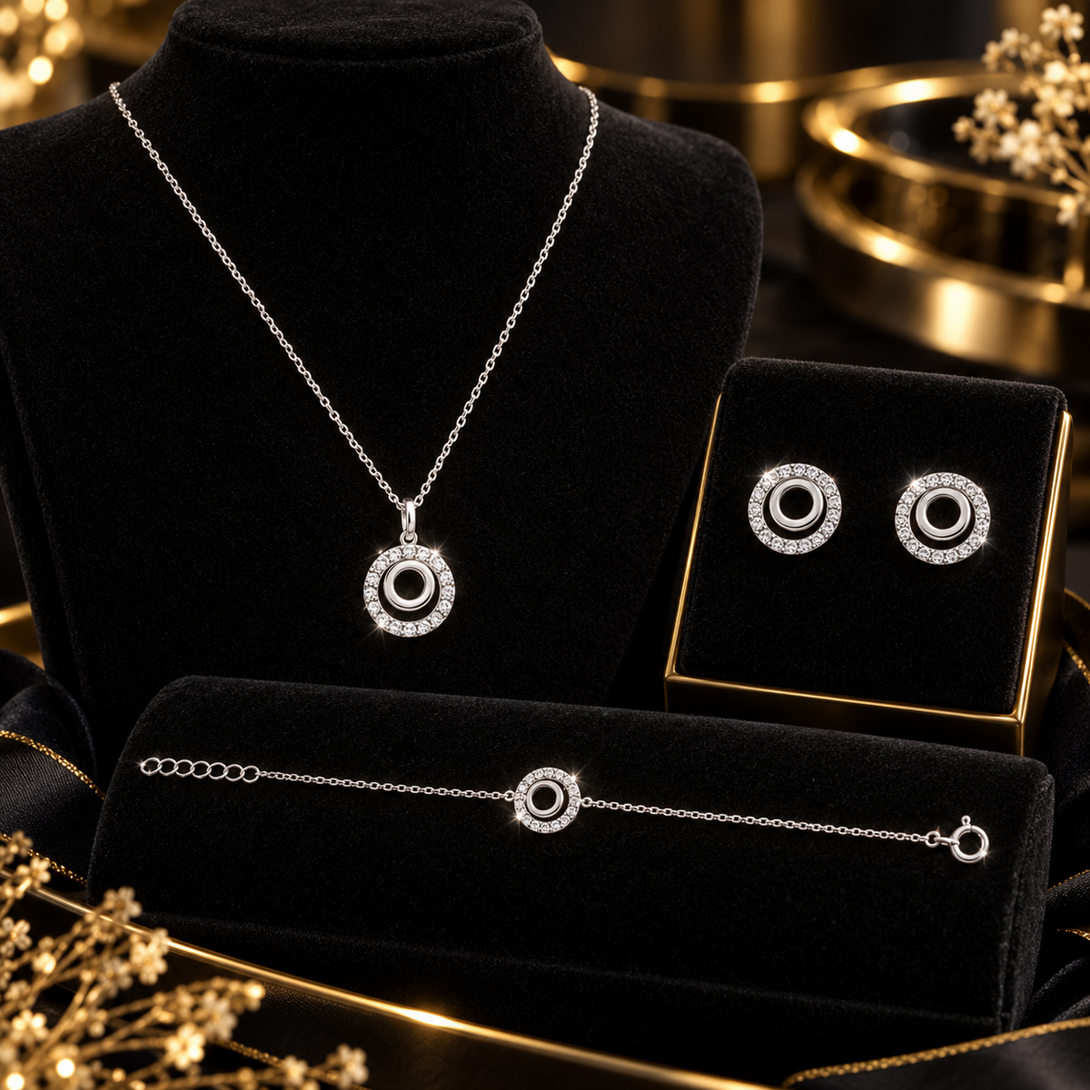 Open Zircon Necklace Earrings Bracelet Set Sterling Silver 925 Hallmarked