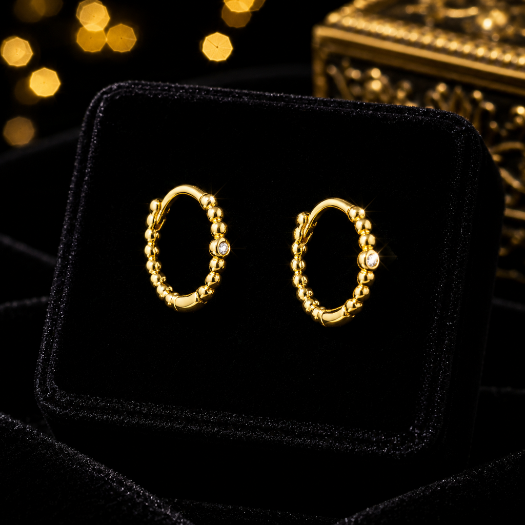Beaded Zircon Hoop Earrings 9ct Yellow Gold Plated Hallmarked Brand New