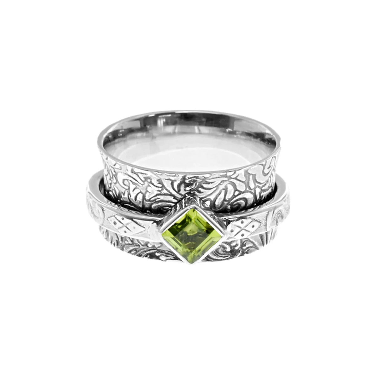 Flush Peridot Ornate Spinner Ring Sterling Silver 925 Hallmarked Size K - T