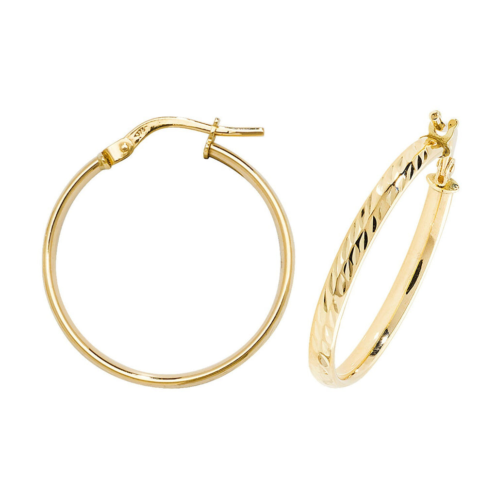 9ct Yellow Gold Diamond Cut Hoop Earrings 375 Hallmarked 8mm - 20mm Diameter