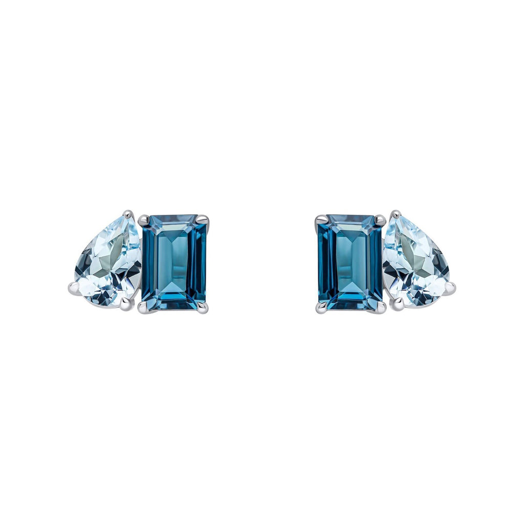 2 Stone Blue Topaz Stud Earrings 9ct White Gold 375 Hallmarked British Made