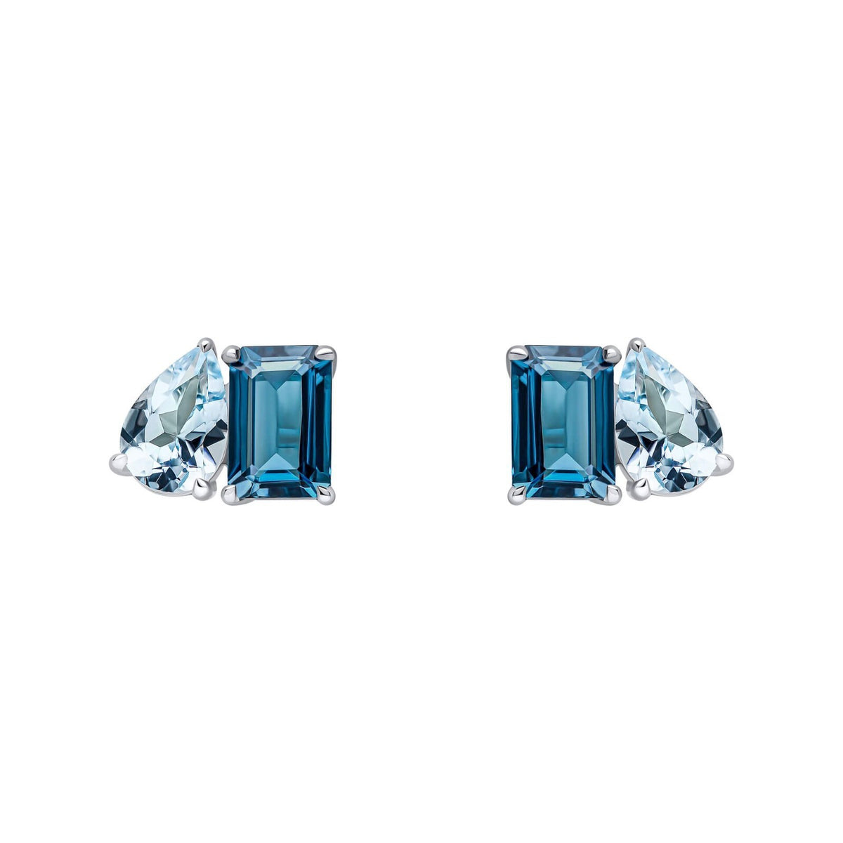 2 Stone Blue Topaz Stud Earrings 9ct White Gold 375 Hallmarked British Made