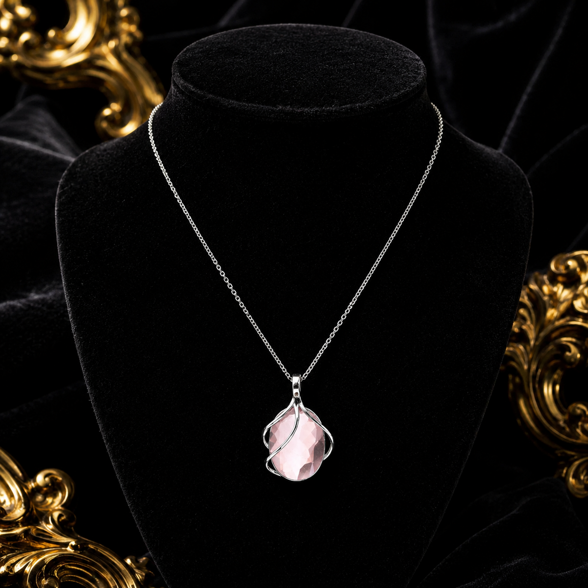 Oval Vine Rose Quartz Pendant Sterling Silver 925 Hallmarked All Chain Lengths