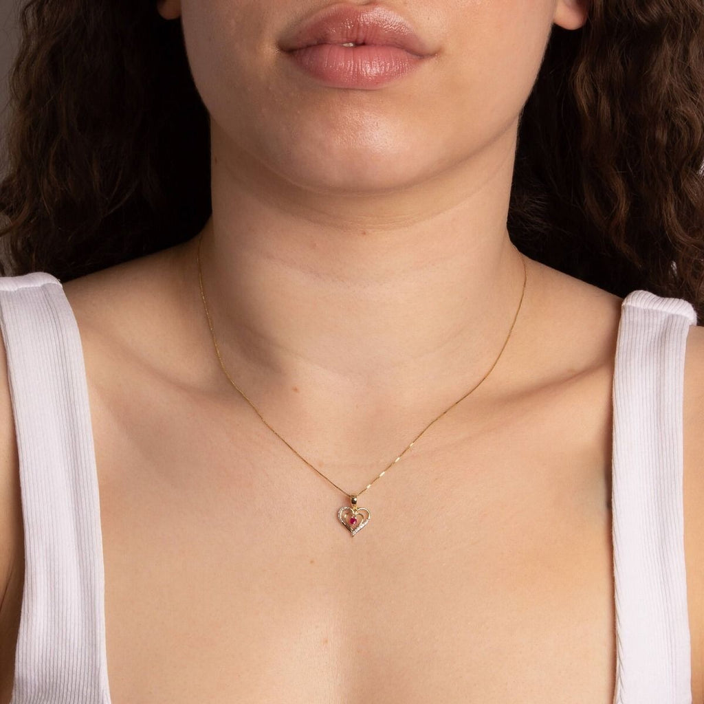 Heart Ruby and Diamond Pendant 9ct Yellow Gold 375 Hallmarked British Made