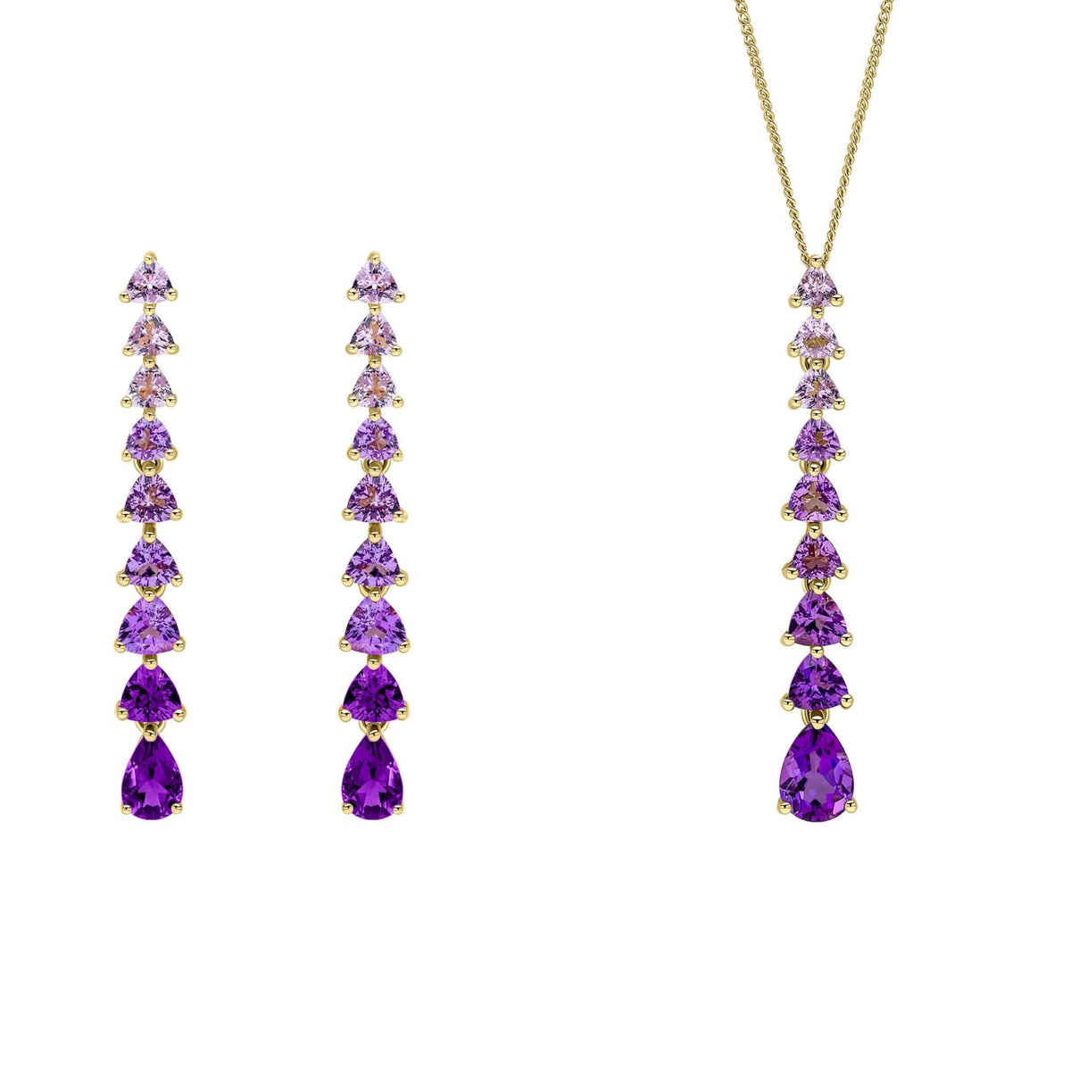 Trillian Pear Amethyst Pendant & Earrings Set 9ct Yellow Gold 375 Hallmarked