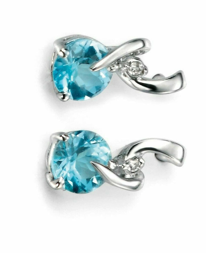 Blue Topaz and Diamond Stud Swirl Earrings 9k White Gold Hallmarked British Made