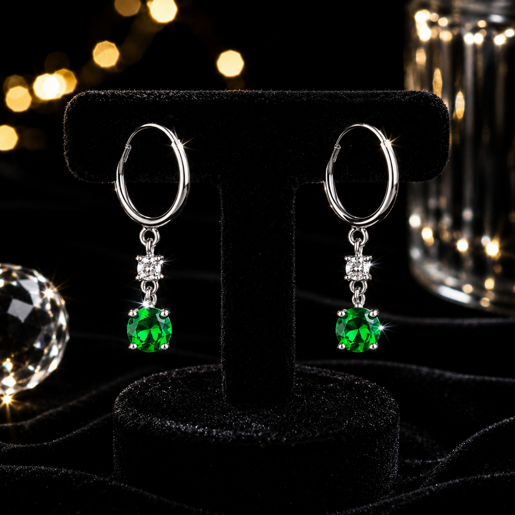 Solitaire Emerald Drop Hoop Earrings Sterling Silver 925 Hallmarked British Made