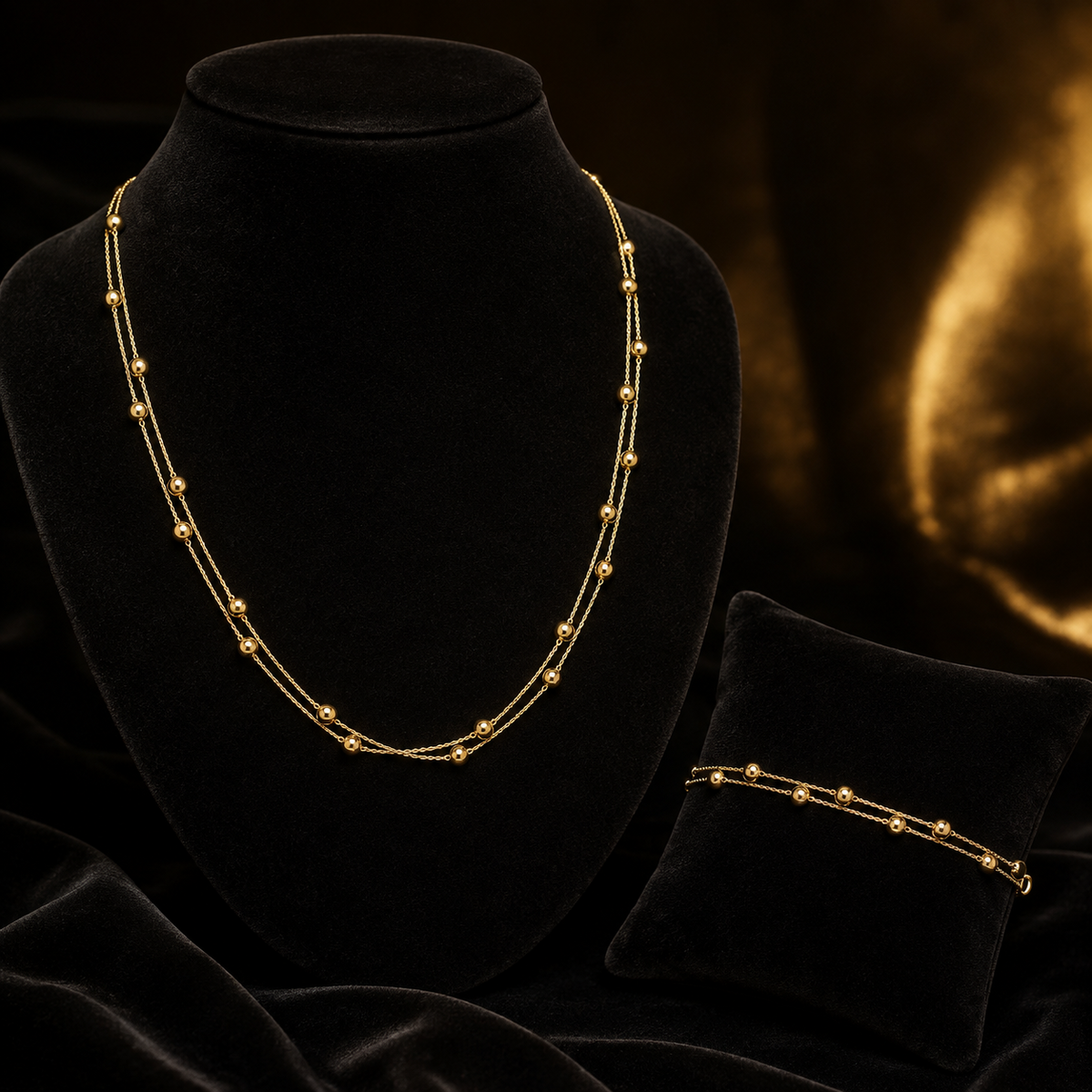 Ball Double Chain Necklace and Bracelet Set 9ct Yellow Gold 375 Hallmarked