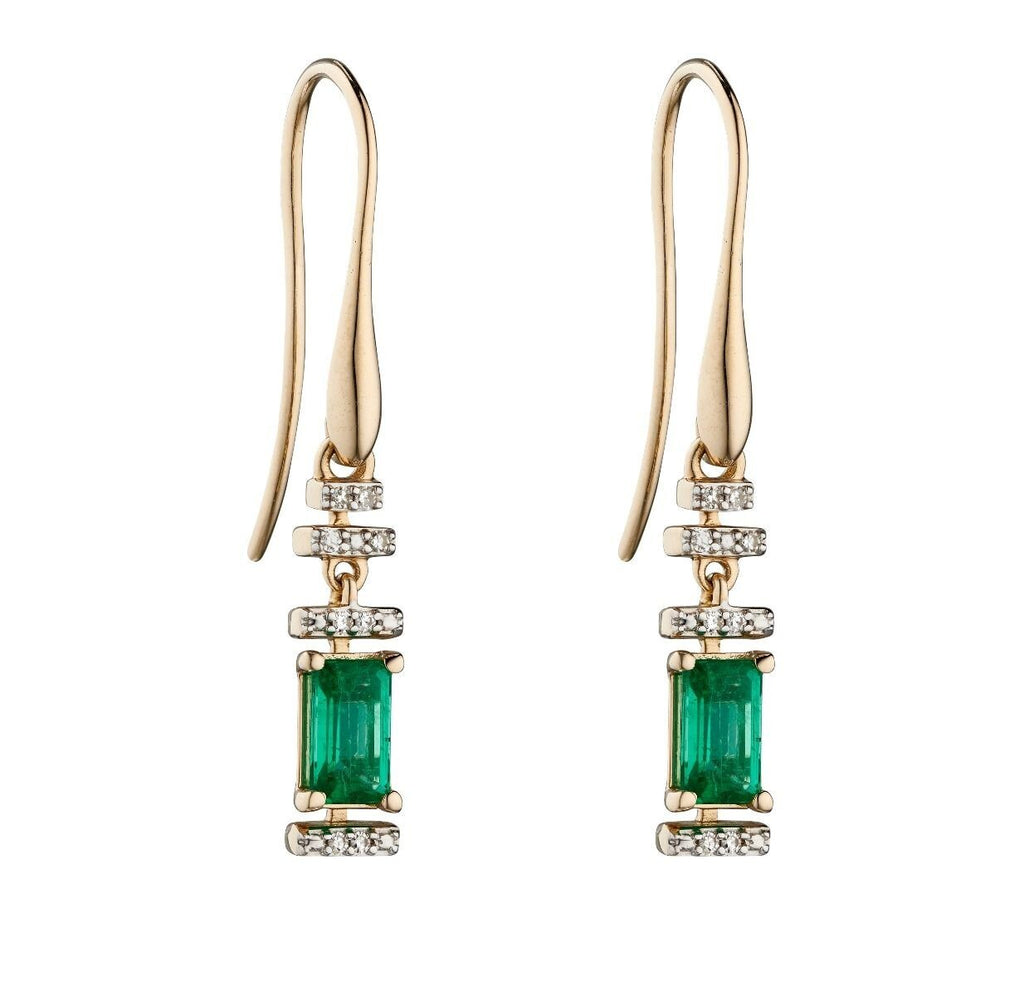 Emerald And Diamond Halo Drop Earrings 9ct Yellow Gold 375 Hallmark British Made