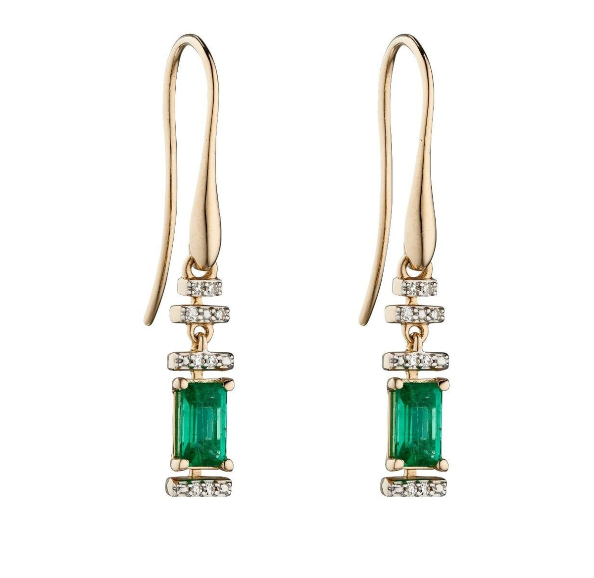 Emerald And Diamond Halo Drop Earrings 9ct Yellow Gold 375 Hallmark British Made