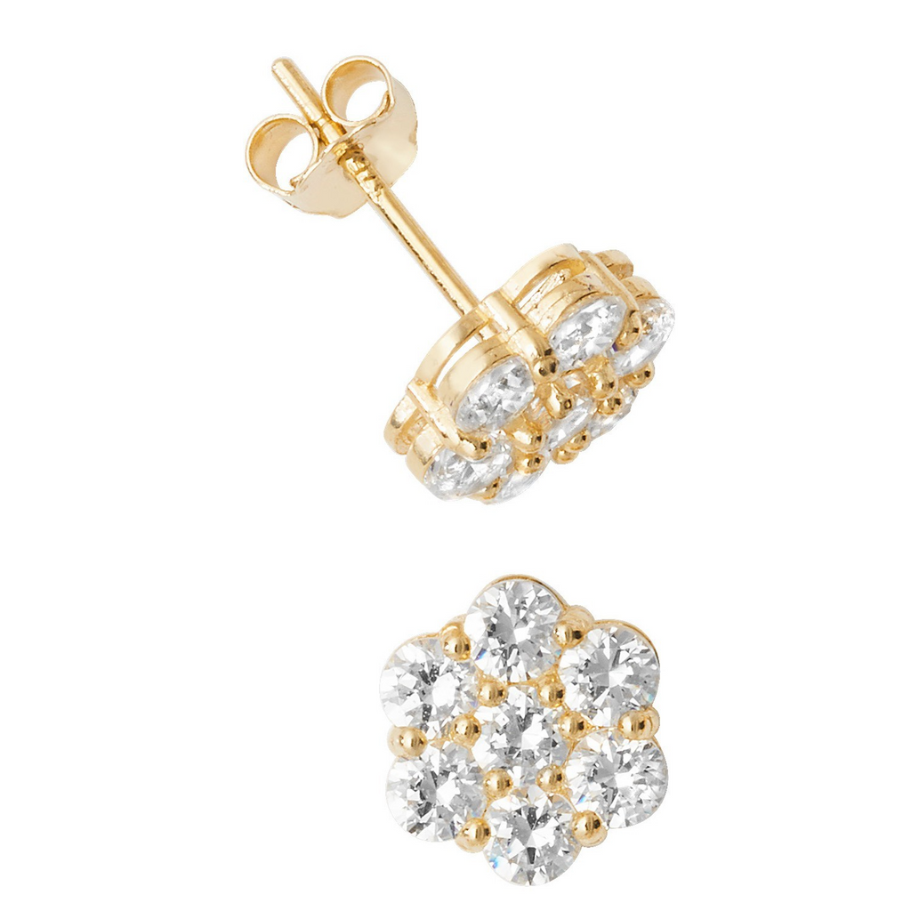 7 Stone Floral Stud Earrings 9ct Yellow Gold 375 Hallmarked Brand New Boxed