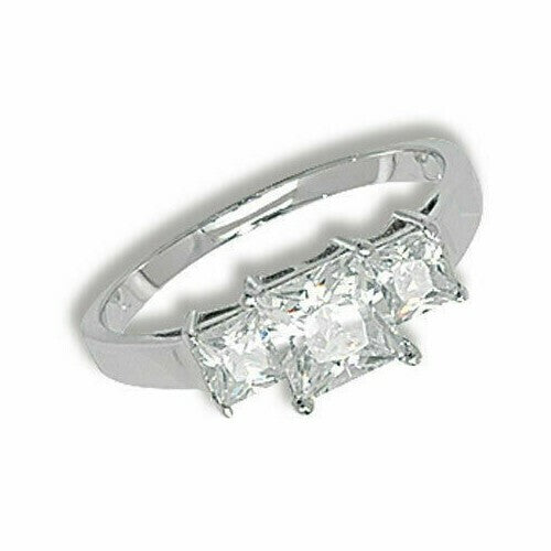 Sterling Silver Three Stone Ring Princess Engagement 925 Hallmarked Size K - S