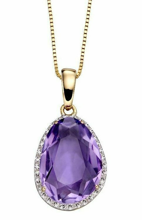 Amethyst and Diamond Pendant 9ct Yellow Gold 375 Hallmarked British Made