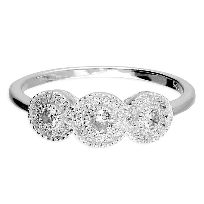 Triple Stone Halo Ring Sterling Silver 925 Hallmarked British Made Size L - Q