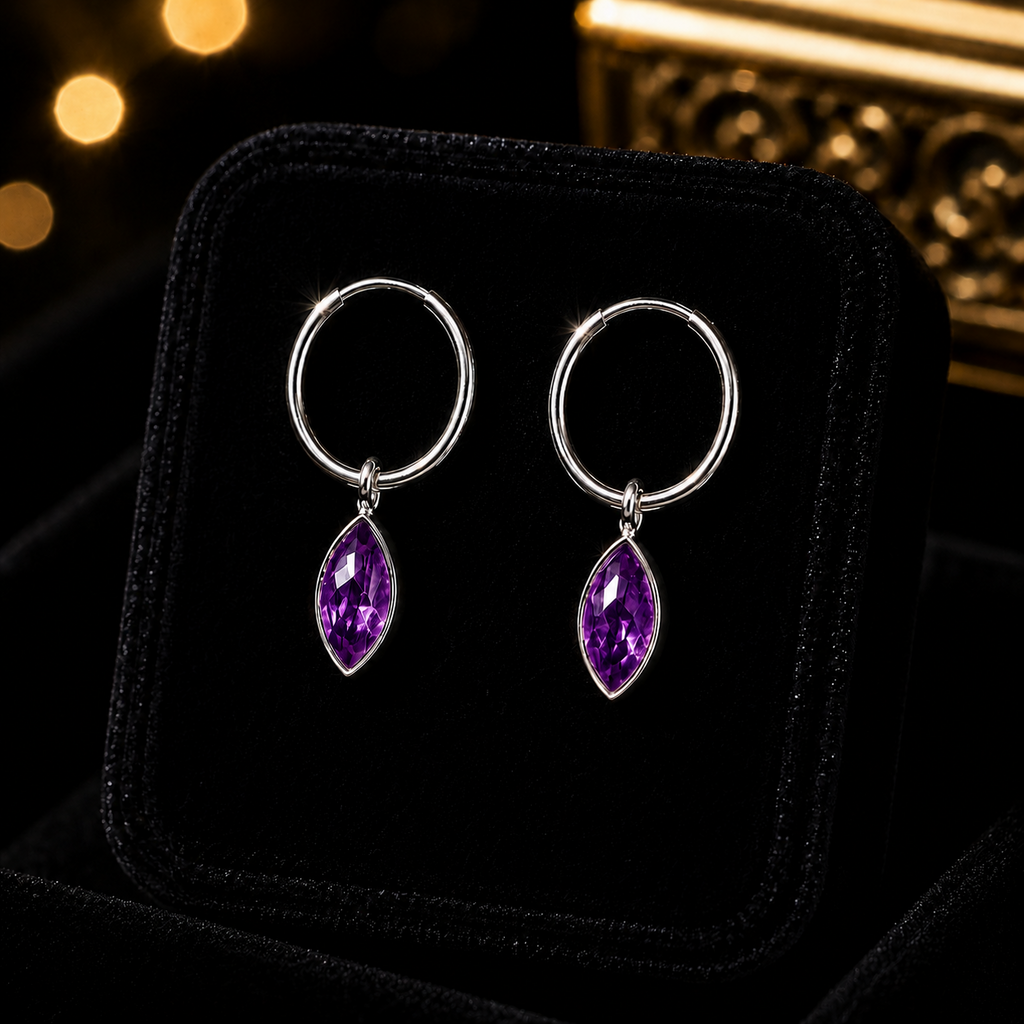 Marquise Amethyst Hoop Earrings Sterling Silver 925 Hallmarked Brand New Boxed