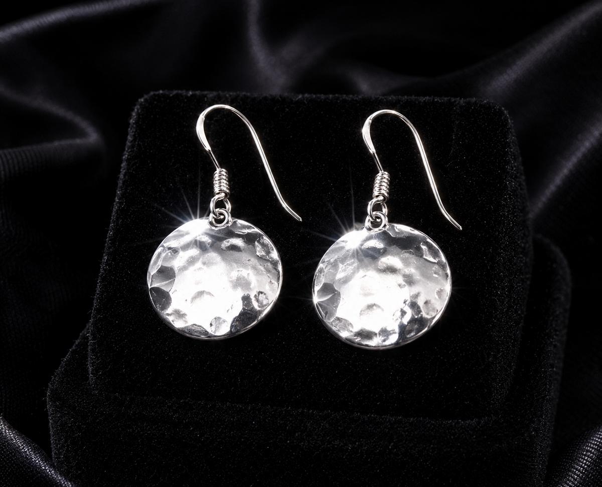 Small Hammered Disc Drop Earrings Sterling Silver 925 Hallmarked Brand New Boxed