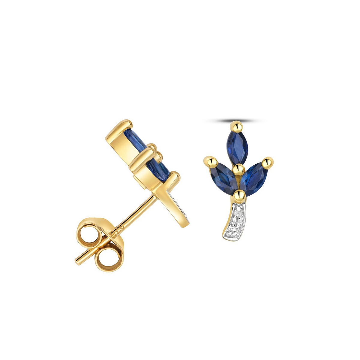 Sapphire Floral Diamond Stud Earrings 9ct Yellow Gold 375 Hallmark British Made