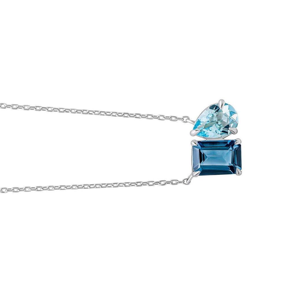 2 Stone Blue Topaz Necklace 9ct White Gold 375 Hallmarked British Made 46cm